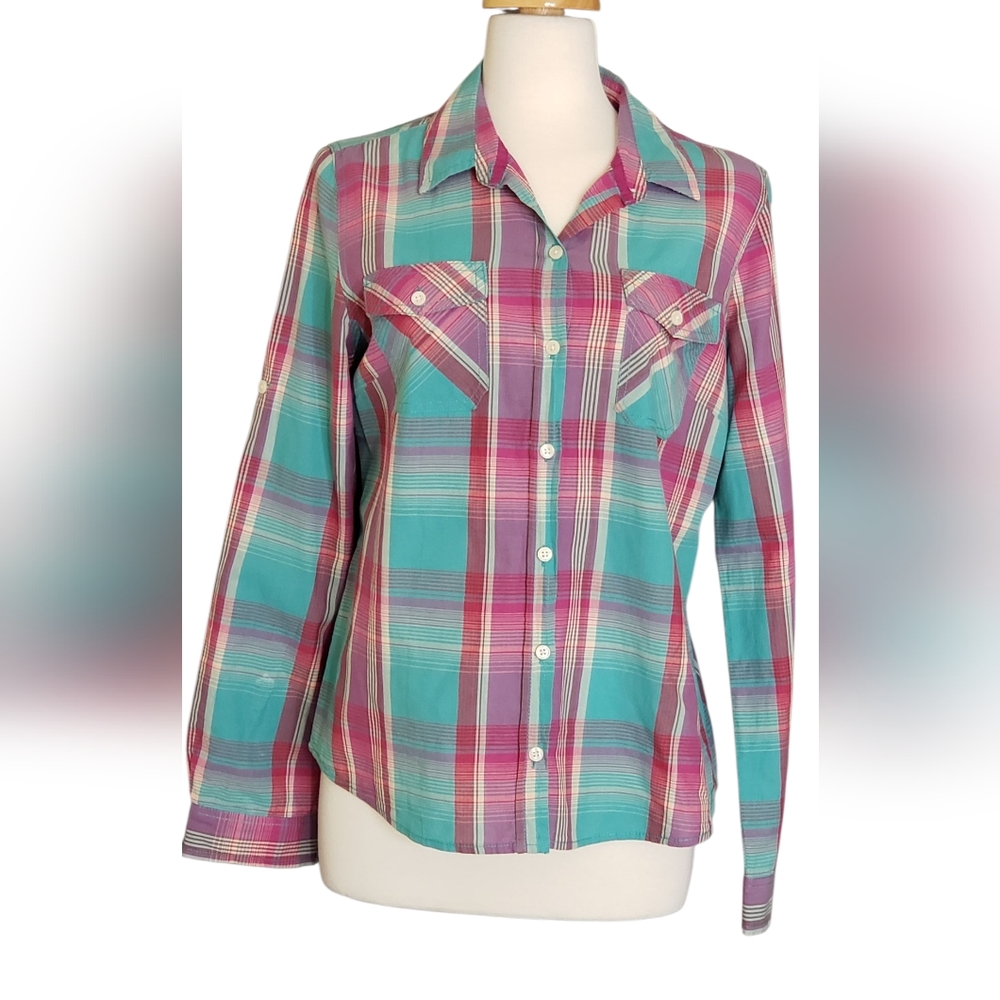 Mossimo Supply Co. Turquoise and Violet Plaid Shirt Women Summer.